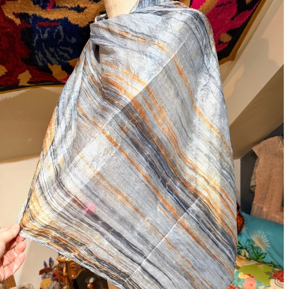 Lua 100% Silk Infinity Scarf Crinkled Abstract‎ Stripe Blue Orange Grey Vietnam